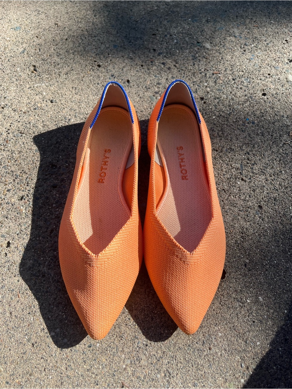 Rothy's Orange Pointed Knit Slip-On Flats with Blue Trim 8.5